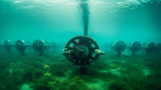 潮汐涡轮机农场的水下视角高清图片