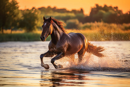 河水里奔跑的骏马图片