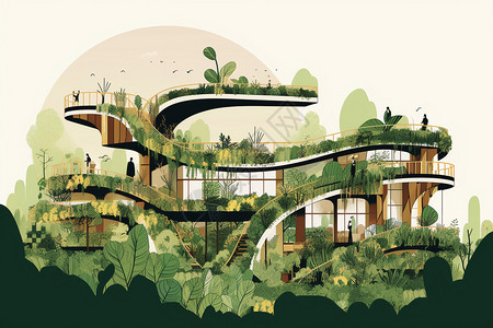 茂密植被的绿色屋顶插画