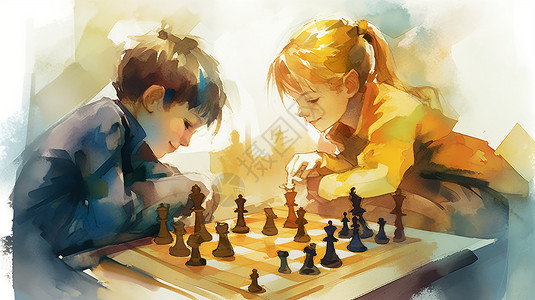 国潮棋牌玩象棋的孩子们插画
