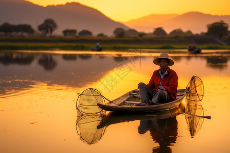 渔夫坐在小船上图片