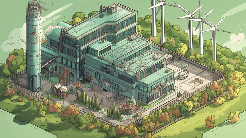 地热动力工厂的卡通插画图片