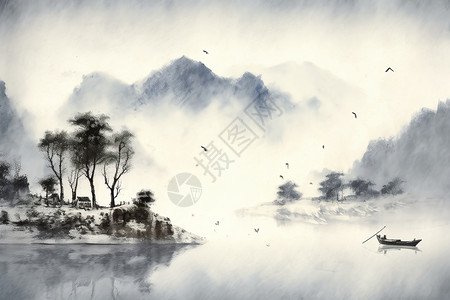 水墨中式风景插画图片