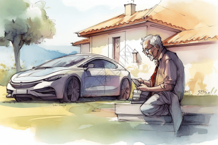 一名男子新能源汽车充电的水彩画图片