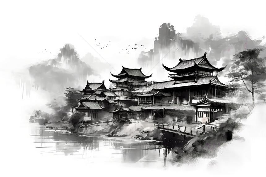 中国村庄水墨画图片