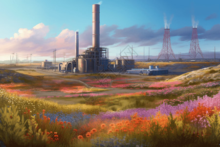 地热发电厂的水彩画背景图片