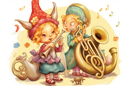 小女孩用喇叭看吹乐器的卡通女孩插画