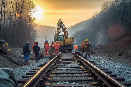 施工安全线铁路上的工人和设施背景