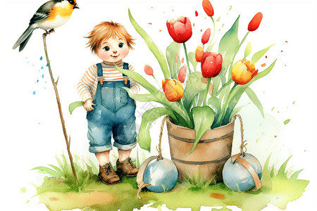 小男孩和一盆花图片