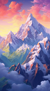 彩色云彩下的山峰图片
