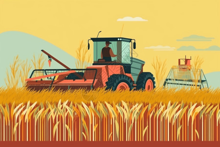 打片分流机用农作机器收割柳枝稷的农民插画