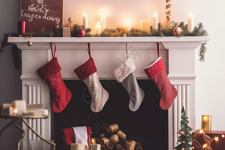 壁炉上的圣诞节袜子背景图片