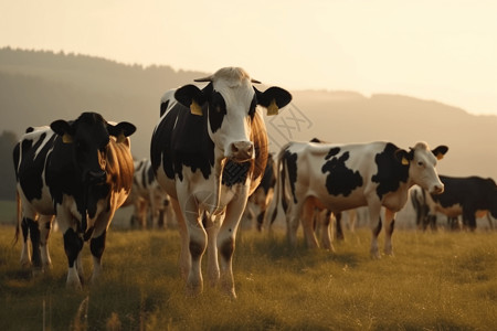 一群在奶牛场的牧场上放牧的奶牛图片