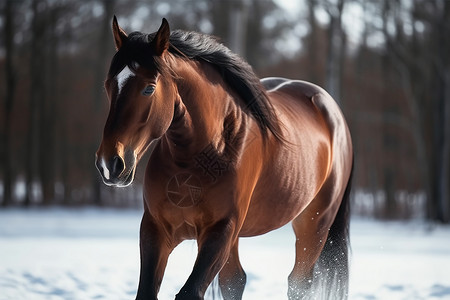 雪地里的棕色马高清图片