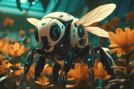 机器人蜜蜂在授粉花朵图片