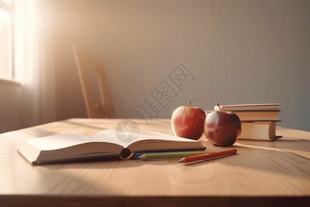 苹果笔记本桌面桌子上的苹果和书本插画