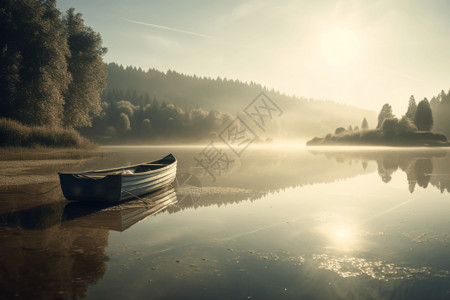 湖边小船小船在宁静的湖泊上设计图片