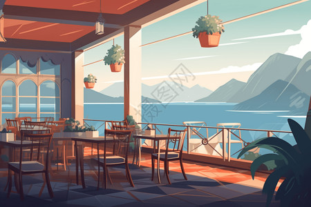 室外休闲区露天的餐厅桌椅插画
