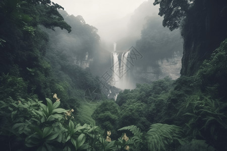 热带雨林植物壮观的瀑布美景设计图片