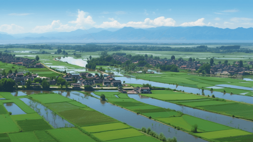 村庄旁的农业稻田图片