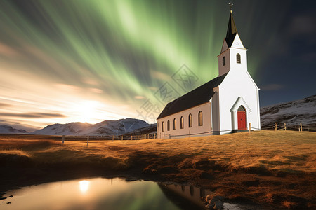 冰岛教堂池塘边的教堂背景