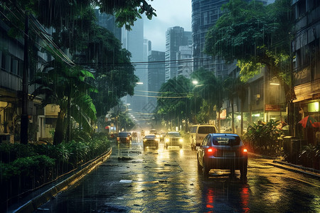 倾盆大雨的城市背景