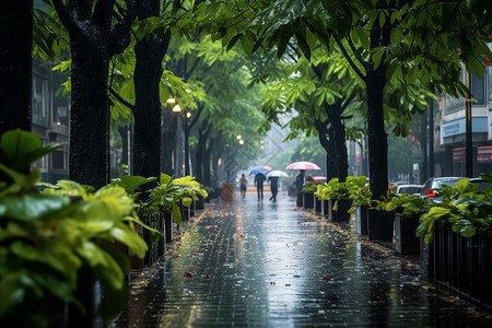 雨中出行大雨中的城市背景