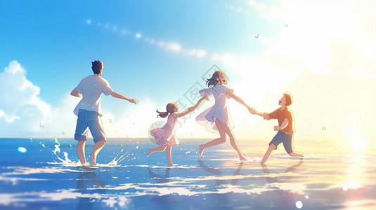 一家四口在沙滩上玩水晒太阳背景图片