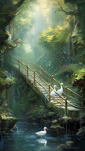 鸭子在森林的桥上图片