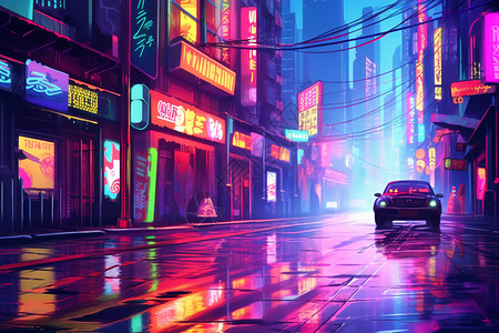 光雨汽车停在城市霓虹灯光里插画