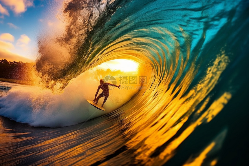 日落下的冲浪男性图片