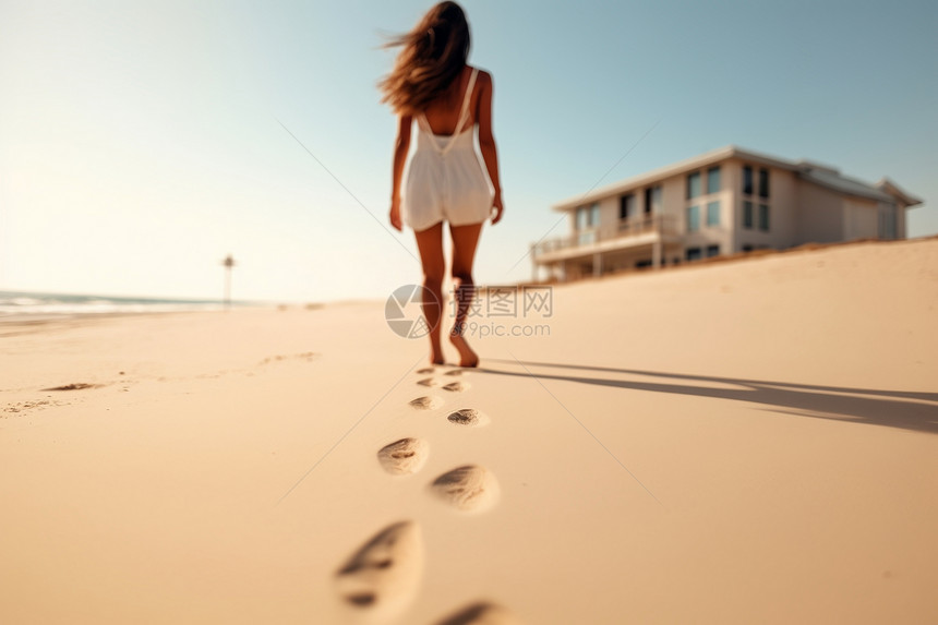 沙滩中行走的女孩图片