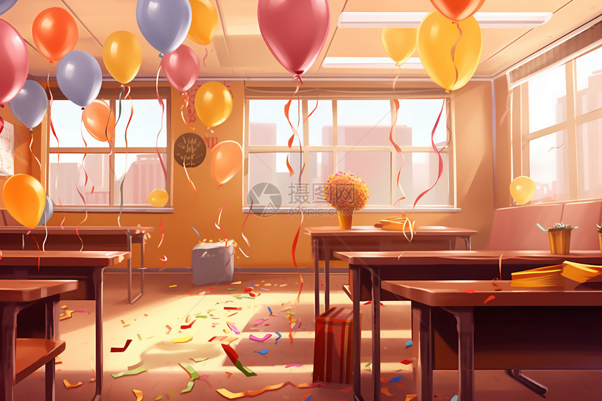 气球装饰的教室图片