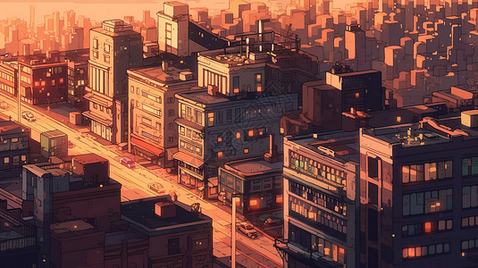 夕阳下的城市背景图片