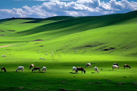 草原上吃草的马草原上的各种动物设计图片