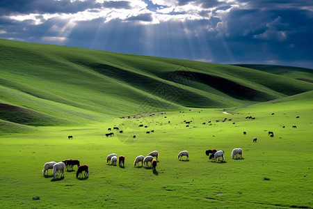 草原上吃草的马大草原的美景设计图片