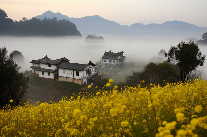 云雾缭绕的村庄景色图片