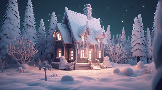 冬日仙境雪地中的梦幻小屋设计图片