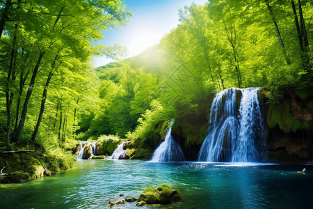森林的美丽瀑布背景图片