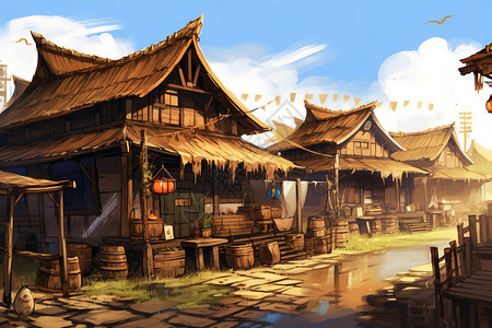 亚洲风光传统的村庄插画