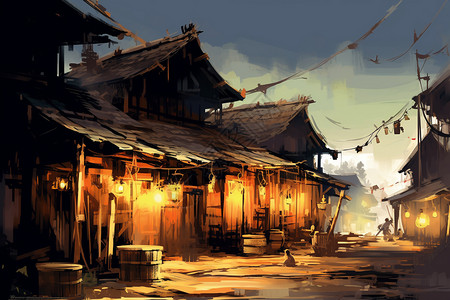 亚洲风光乡下的村庄插画