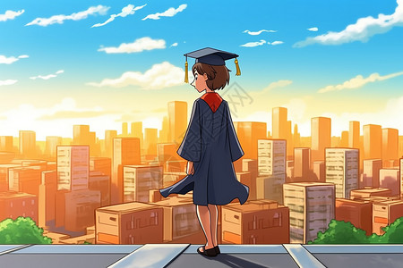 楼顶上的毕业生卡通插图背景图片