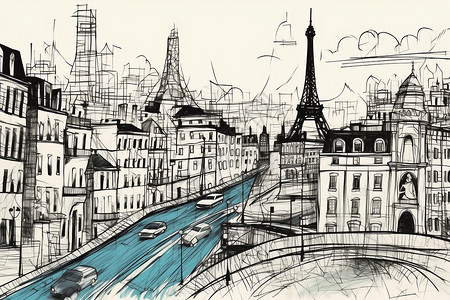 城市街头建筑的手绘插图图片