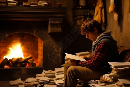 壁炉旁读书的男孩图片