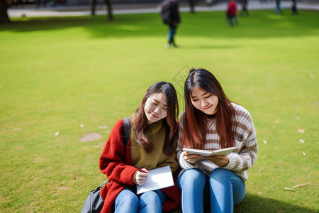 坐在草地学习的女生背景图片