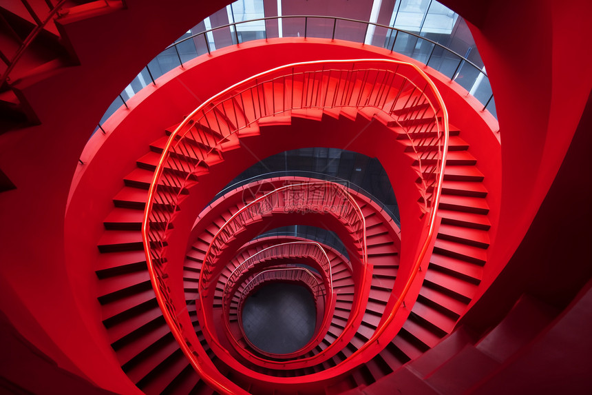 建筑中的高层红色旋转楼梯图片