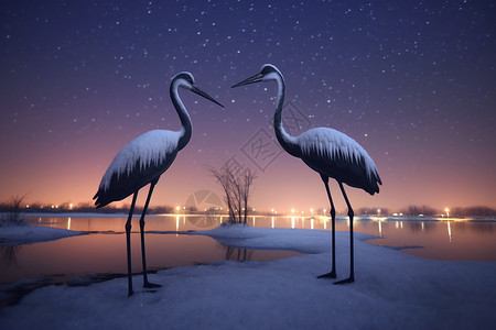 冬天浑河边的丹顶鹤雕塑图片