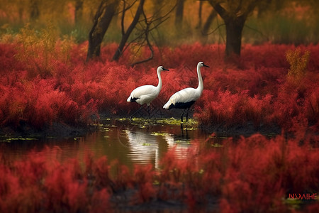 沼泽中的丹顶鹤图片