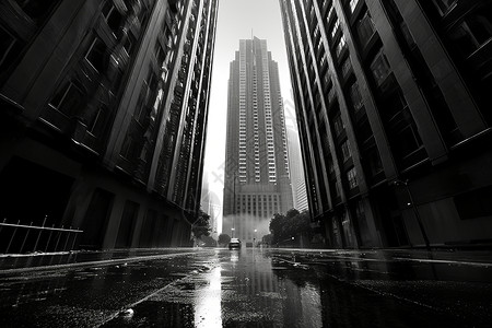雨大伞雨水从摩天大楼上倾泻而下设计图片