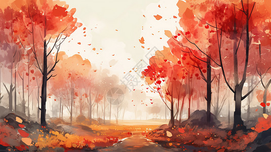 秋天森林的水墨插画背景图片